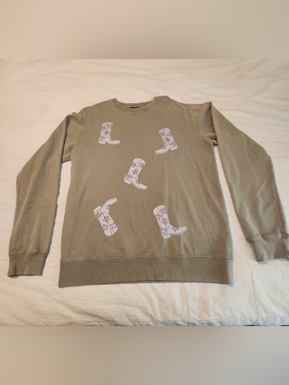 Zutter Women's Cotton French Terry Taupe Sweatshirt L Western Boot Graphic New